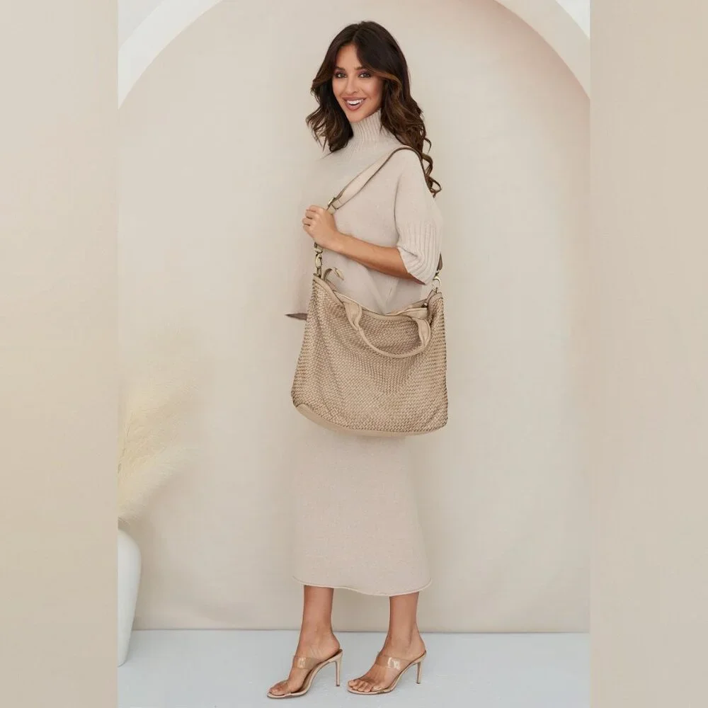 (407-MOC) INTRECCIATO (BRAIDED) LEATHER TOTE BAG WITH SHOULDER STRAP - Picture 3 of 4